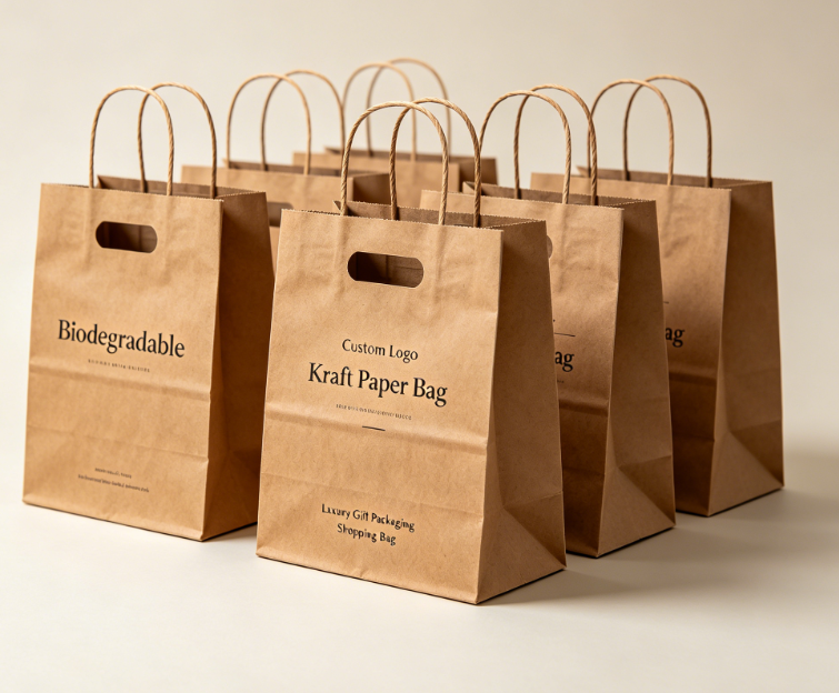 Biologisch abbaubare Geschenk-Einkaufstasche aus Kraftpapier mit gestanztem Griff und individuellem Logo