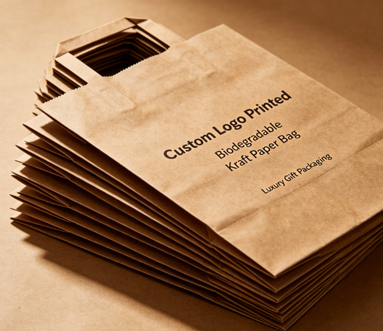 Biologisch abbaubare Geschenk-Einkaufstasche aus Kraftpapier mit gestanztem Griff und individuellem Logo