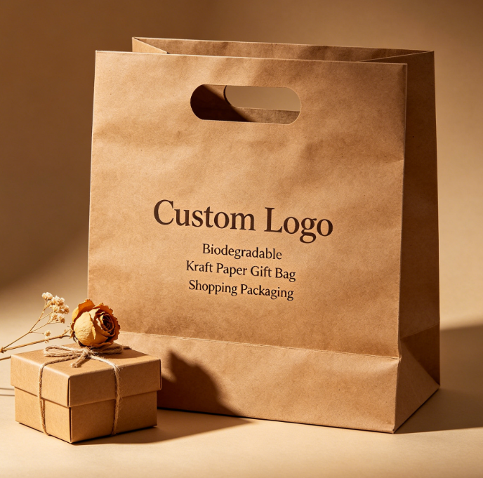 Biologisch abbaubare Geschenk-Einkaufstasche aus Kraftpapier mit gestanztem Griff und individuellem Logo