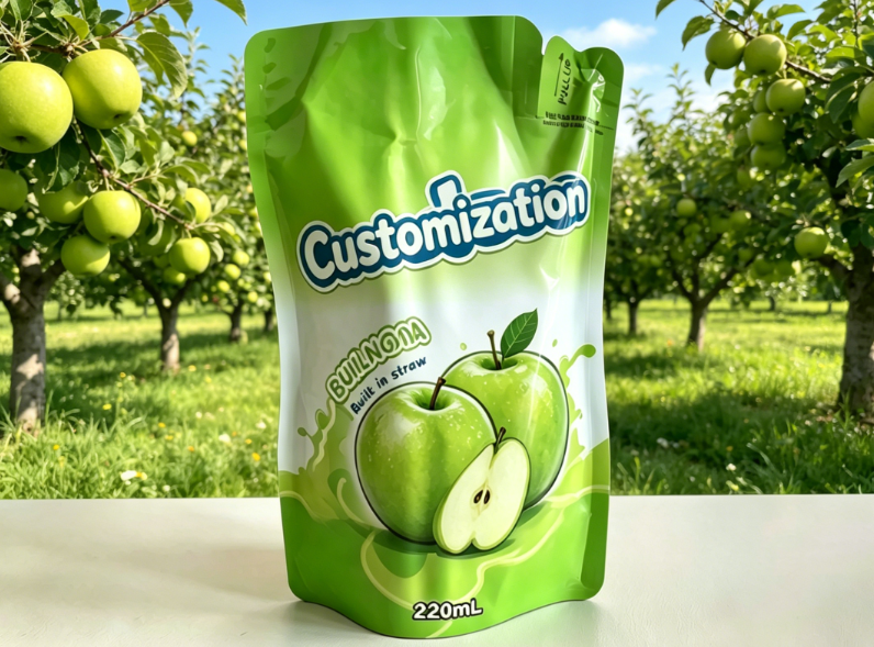 Individuell bedruckte integrierte Strohhalmbeutel 220 ml für Saft-Frucht-Püree-Getränke