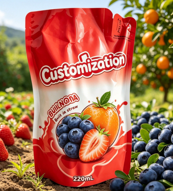 Individuell bedruckte integrierte Strohhalmbeutel 220 ml für Saft-Frucht-Püree-Getränke
