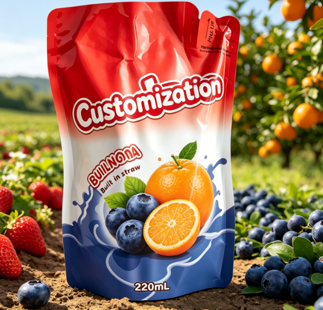 Individuell bedruckte integrierte Strohhalmbeutel 220 ml für Saft-Frucht-Püree-Getränke