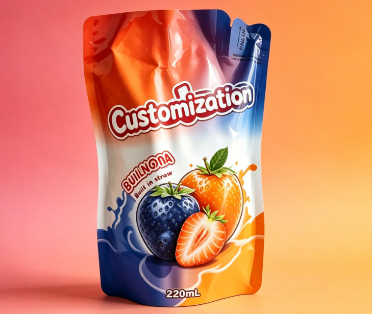 Individuell bedruckte integrierte Strohhalmbeutel 220 ml für Saft-Frucht-Püree-Getränke
