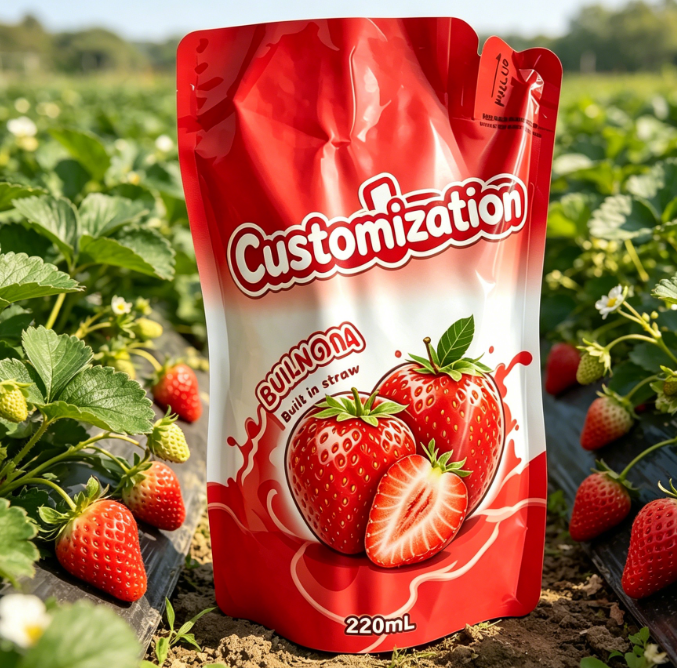 Individuell bedruckte integrierte Strohhalmbeutel 220 ml für Saft-Frucht-Püree-Getränke