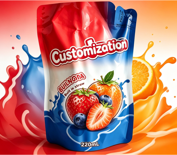 Individuell bedruckte integrierte Strohhalmbeutel 220 ml für Saft-Frucht-Püree-Getränke