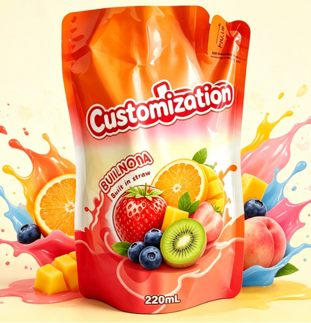 220 ml gemischter Fruchtsaft mit integriertem Strohhalm, individuell bedruckte Getränkeverpackungsbeutel