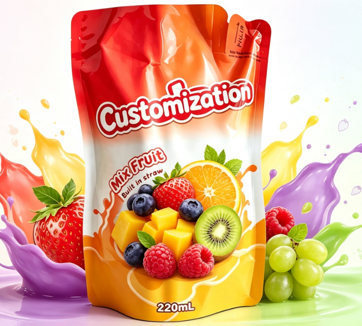 220 ml gemischter Fruchtsaft mit integriertem Strohhalm, individuell bedruckte Getränkeverpackungsbeutel
