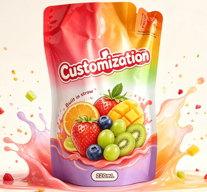 220 ml gemischter Fruchtsaft mit integriertem Strohhalm, individuell bedruckte Getränkeverpackungsbeutel