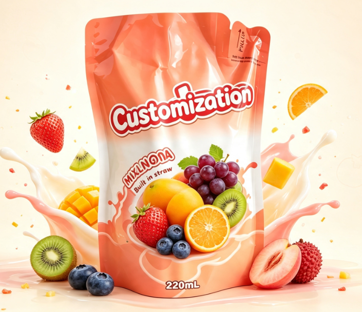 220 ml gemischter Fruchtsaft mit integriertem Strohhalm, individuell bedruckte Getränkeverpackungsbeutel