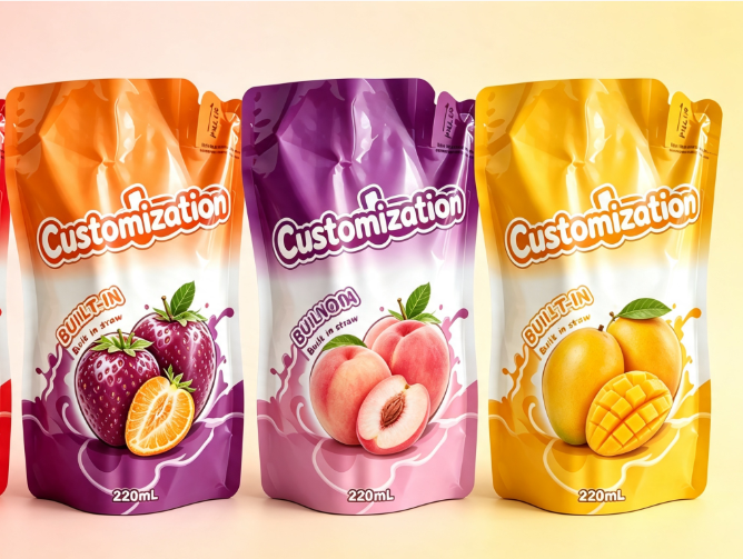 Multi-Geschmacksrichtungen, 220 ml, integrierte Strohhalm-Quetschbeutel, individuelle Verpackungsbeutel für Fruchtpüree und Saft