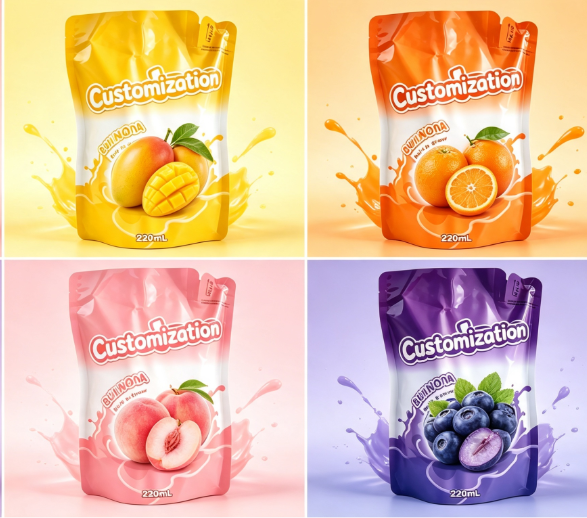 Multi-Geschmacksrichtungen, 220 ml, integrierte Strohhalm-Quetschbeutel, individuelle Verpackungsbeutel für Fruchtpüree und Saft