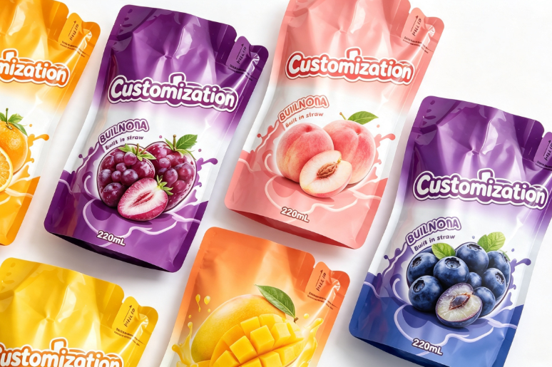 Multi-Geschmacksrichtungen, 220 ml, integrierte Strohhalm-Quetschbeutel, individuelle Verpackungsbeutel für Fruchtpüree und Saft