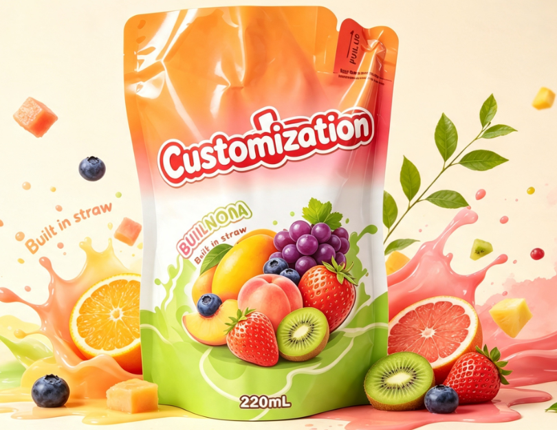220 ml gemischter Fruchtsaft mit integriertem Strohhalm, individuell bedruckte Getränkeverpackungsbeutel