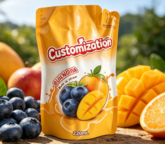 220 ml Mango-Fruchtpüree mit integriertem Strohhalm, individuell bedruckte Getränkeverpackungsbeutel